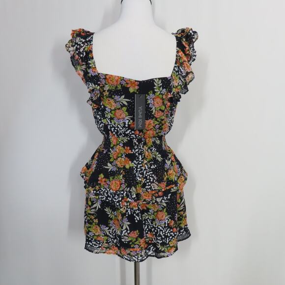 Yumi Kim Midnight Magic Black Floral Tiered Mini Eden Dress Flutter Sleeves XS - Picture 4 of 9